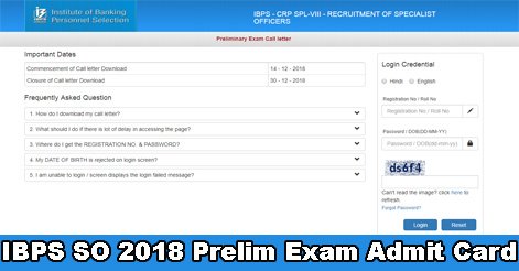 IBPS SO 2018 Prelim Exam Admit Card